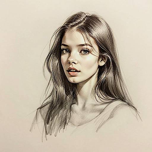 Realistic Pencil Sketch Portrait of a Young Woman with Flowing Hair