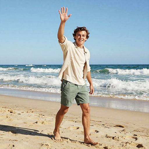 Young Man Waving on Beach in Casual Summer Outfit