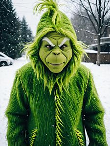 Man in Detailed Grinch Costume Outdoors in Snow - Grinch Cosplay