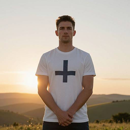 Young Man Wearing Inverted Cross T-Shirt at Sunset Outdoors