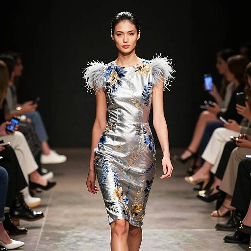 Elegant Silver Floral Embroidered Dress with Feather Shoulders on Runway