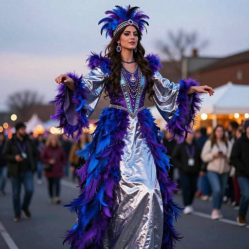 Woman in Ornate Purple and Blue Feathered Costume Walking Outdoors