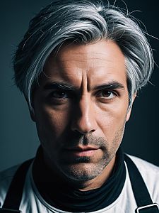 Close-up portrait of a man with silver hair and brown eyes