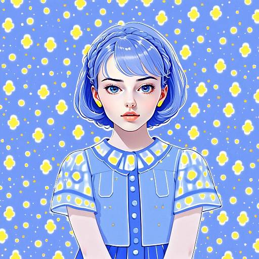 Dorothy West Blue Anime Girl Digital Illustration with Floral Background