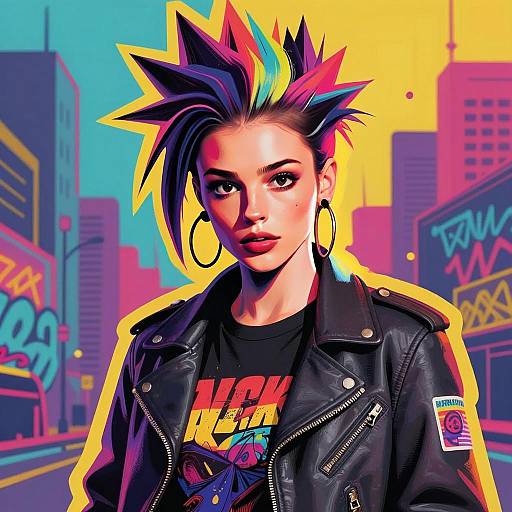 Vibrant Punk Style Woman in Colorful Urban Street Art Background