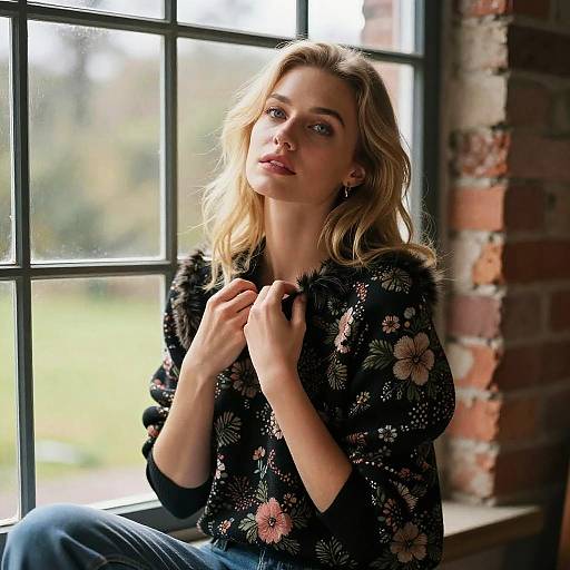 Young Woman in Floral Sweater Sitting by Window Indoor Portrait