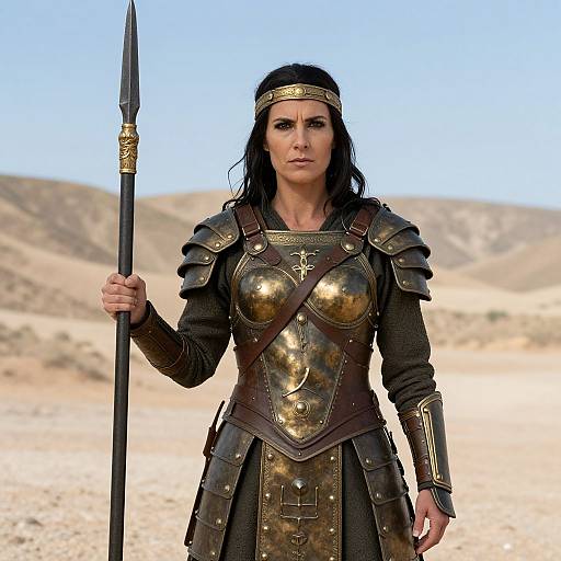 Woman Warrior in Bronze Armor Holding Spear in Desert