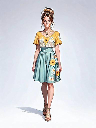 Boho Chic Woman Full Body Shot in Floral Outfit Illustration