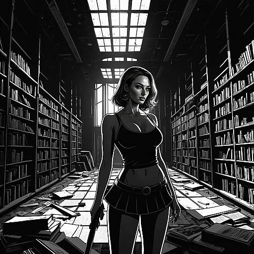 Noir Style Woman with Gun in Abandoned Library Digital Art