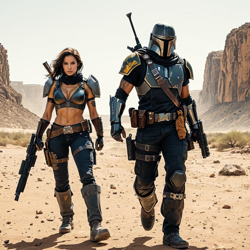 Futuristic Mandalorian Style Armor Man and Woman Walking in Desert Canyon