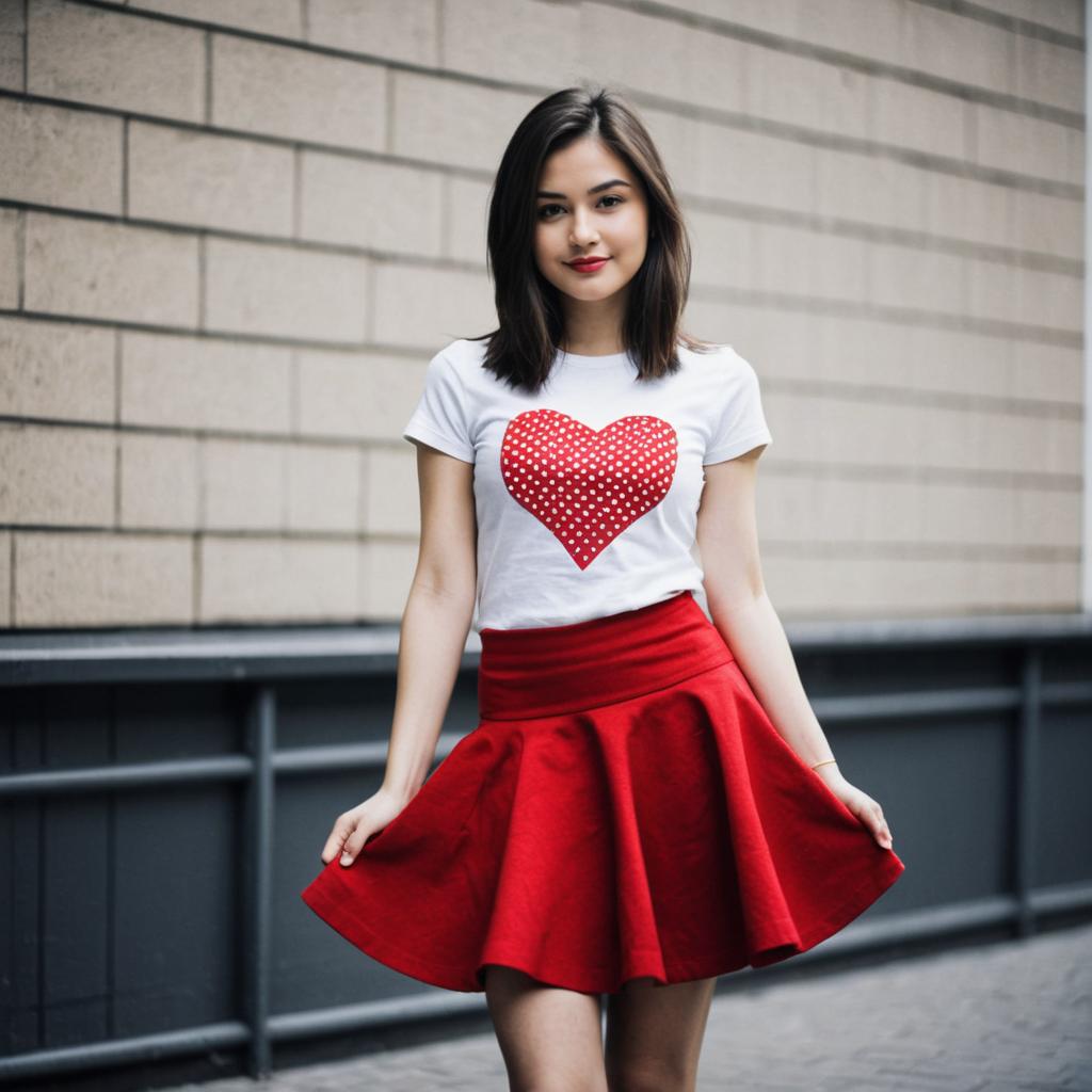 Young Woman in Red Skirt and Heart T-Shirt Street Fashion Portrait Young Woman in Red Skirt and Heart T-Shirt Street Fashion Portrait