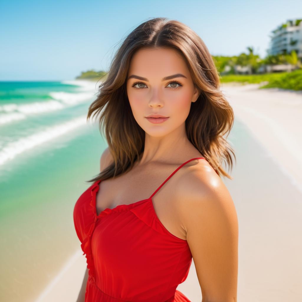 Woman in Red Dress by Beach