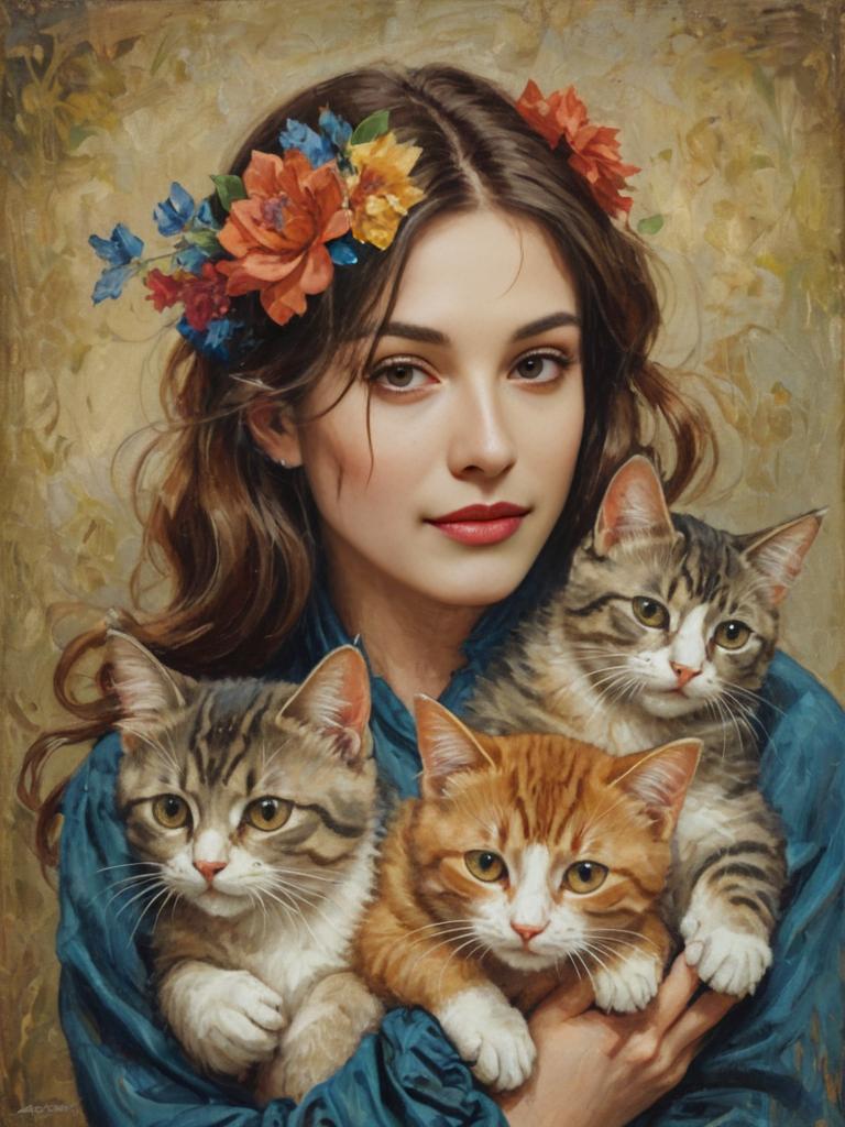 Woman with Flowers and Three Cats in Classical Style