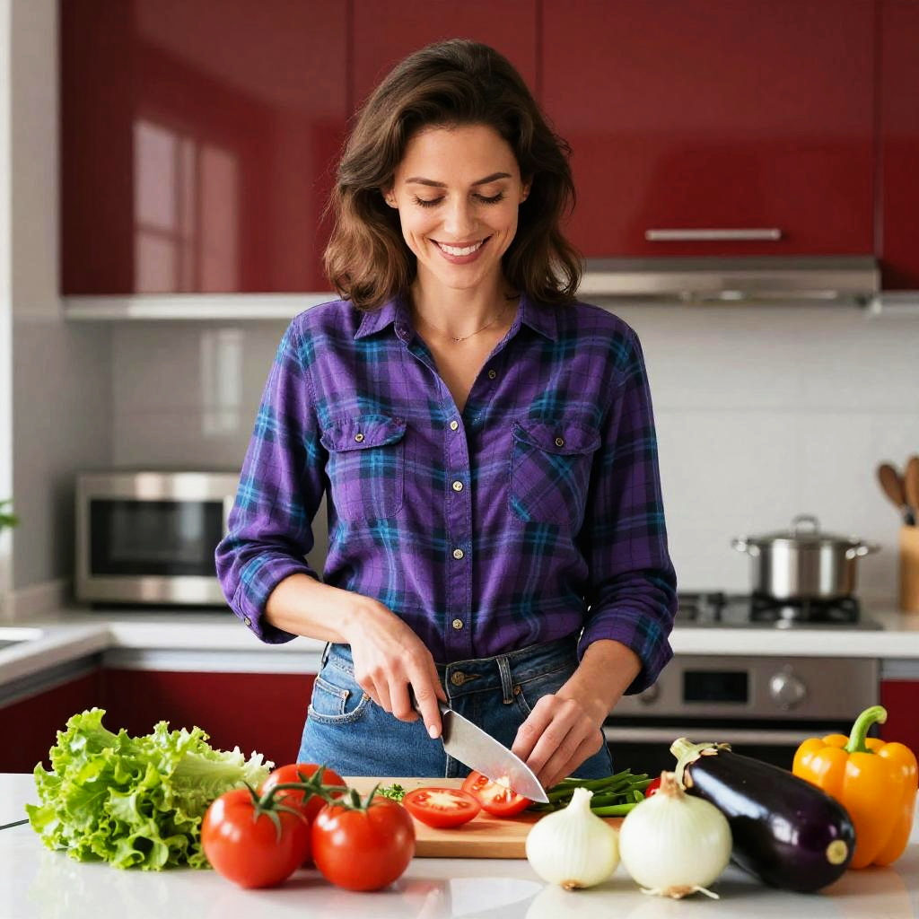 Smiling Woman Slicing Fresh Vegetables in Modern Kitchen