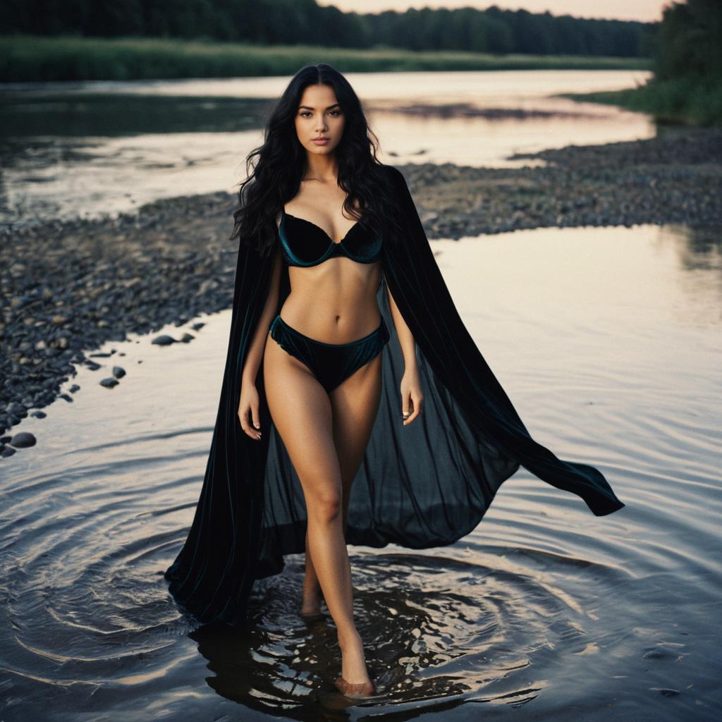 Woman in Velvet Bikini and Black Cape Walking in River at Dusk