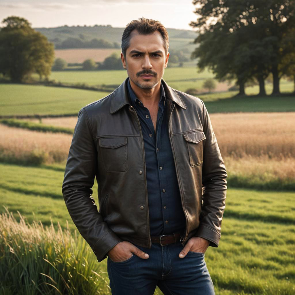 Handsome man in countryside with leather jacket