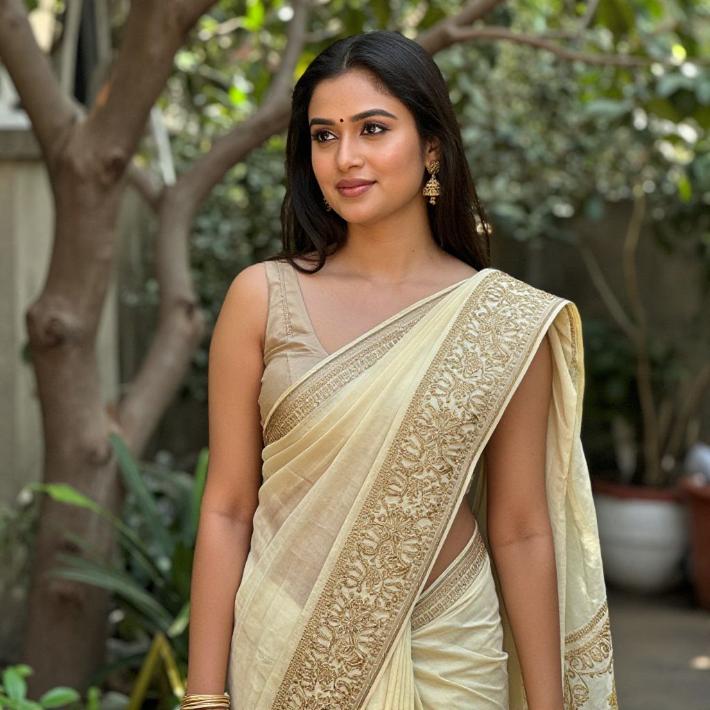 Elegant Woman in Embroidered Cream Saree in Garden Setting