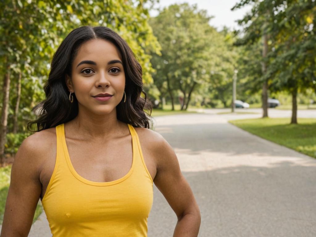 Confident Woman in Yellow Tank Top on Outdoor Pathway