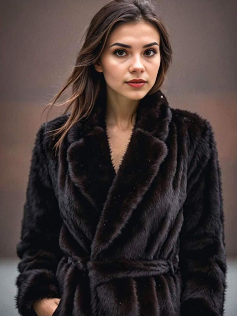 Elegant Woman in Black Faux Fur Coat