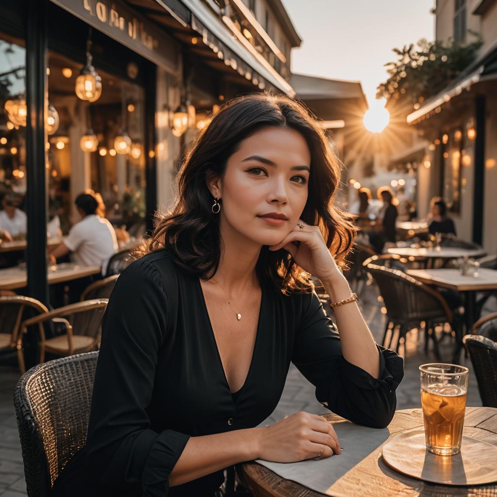 Confident Woman at Outdoor Café during Golden Hour Confident Woman at Outdoor Café during Golden Hour