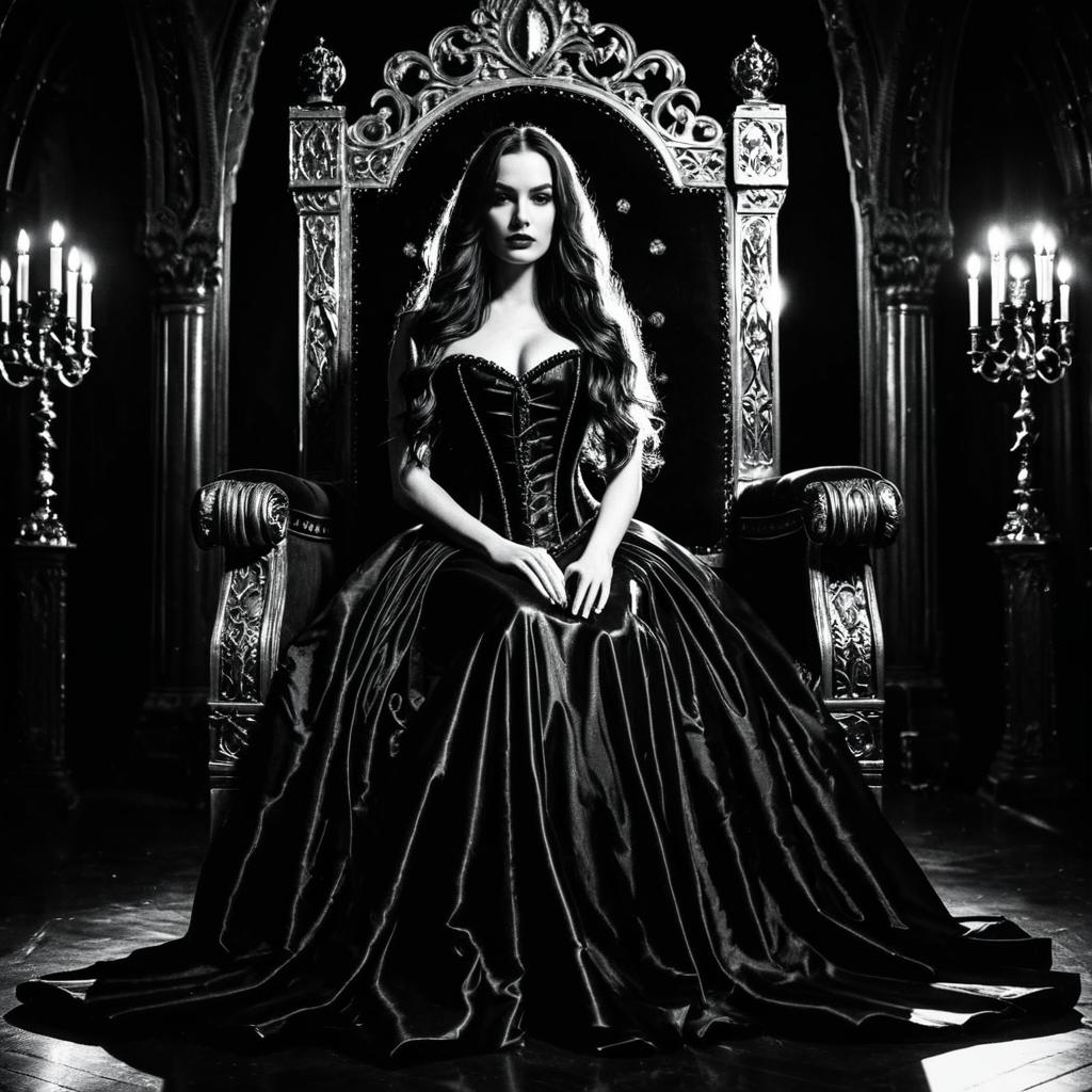 Gothic Elegance: Woman in Black Gown on Ornate Throne Black and White
