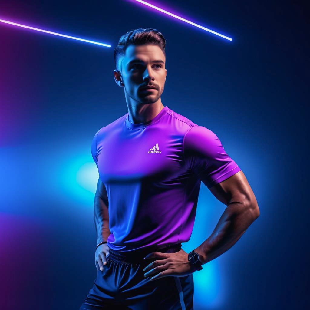 Athletic Man in Purple Shirt Against Neon Backdrop