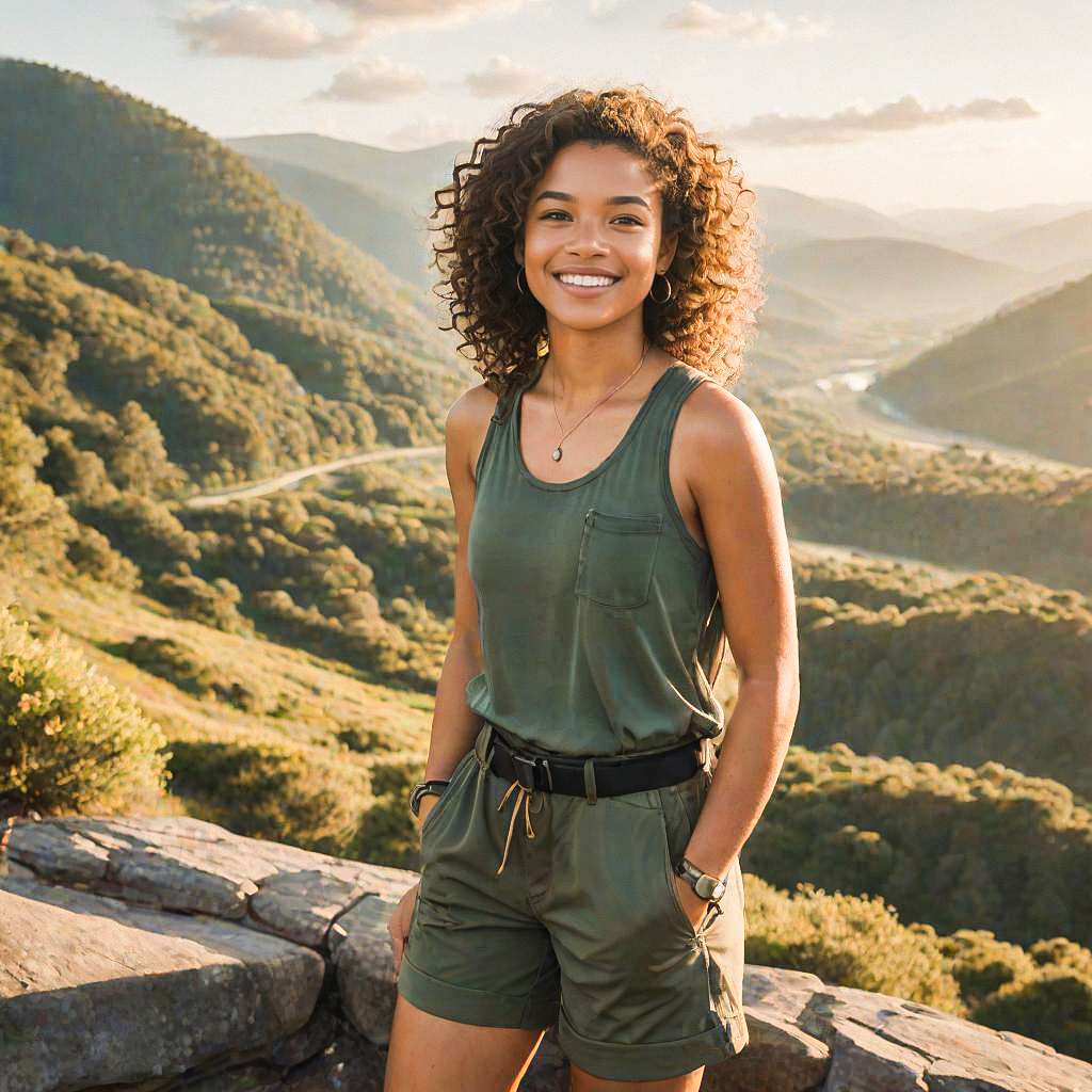 Cheerful woman in mountain landscape at golden hour Cheerful woman in mountain landscape at golden hour