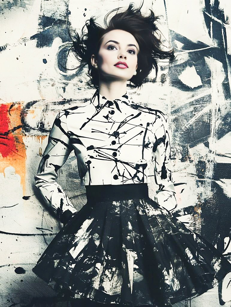 Elegant Woman in Black and White Outfit with Artistic Background