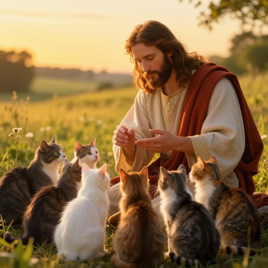 Man in Traditional Robes Feeding Cats in Sunset Field