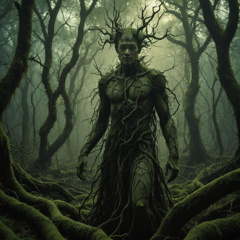 Man with Tree Textures and Antlers in Dark Forest