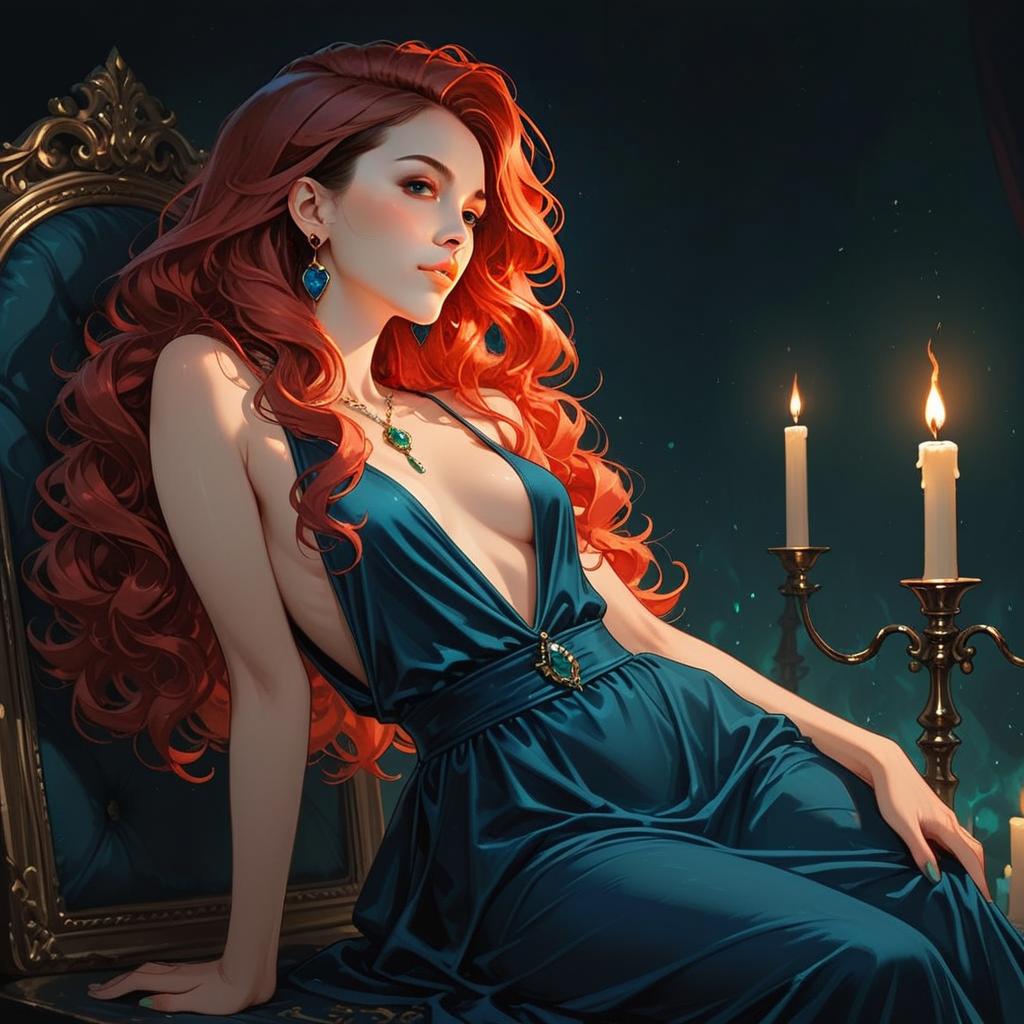 Elegant Red-Haired Woman in Blue Gown with Candlelight - Digital Fantasy Illustration