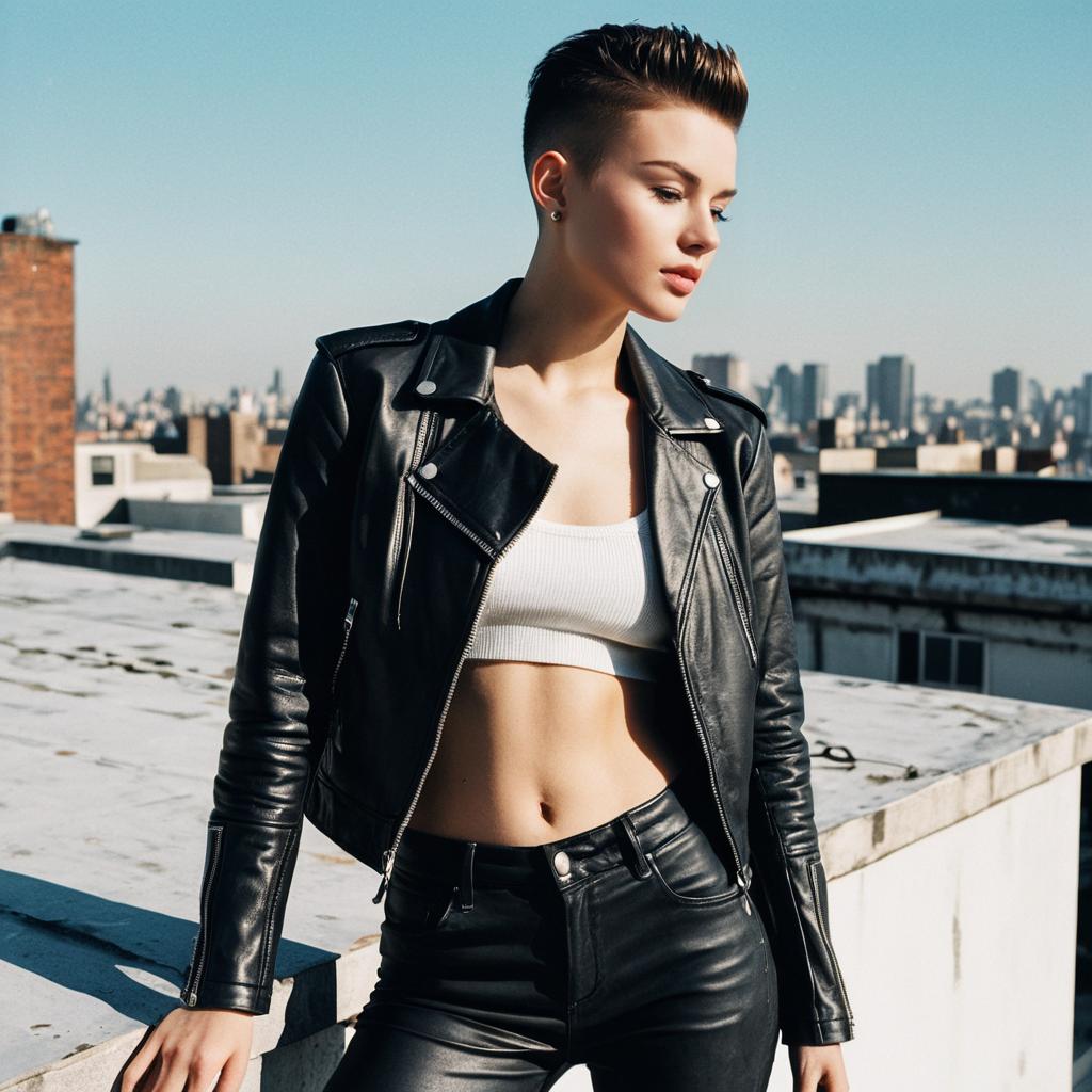 Edgy Urban Fashion Woman in Black Leather Jacket on Rooftop