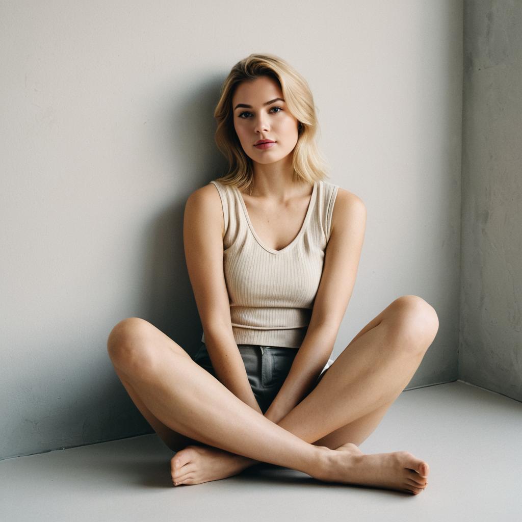 Blonde Woman Sitting Cross-Legged in Minimalist Interior
