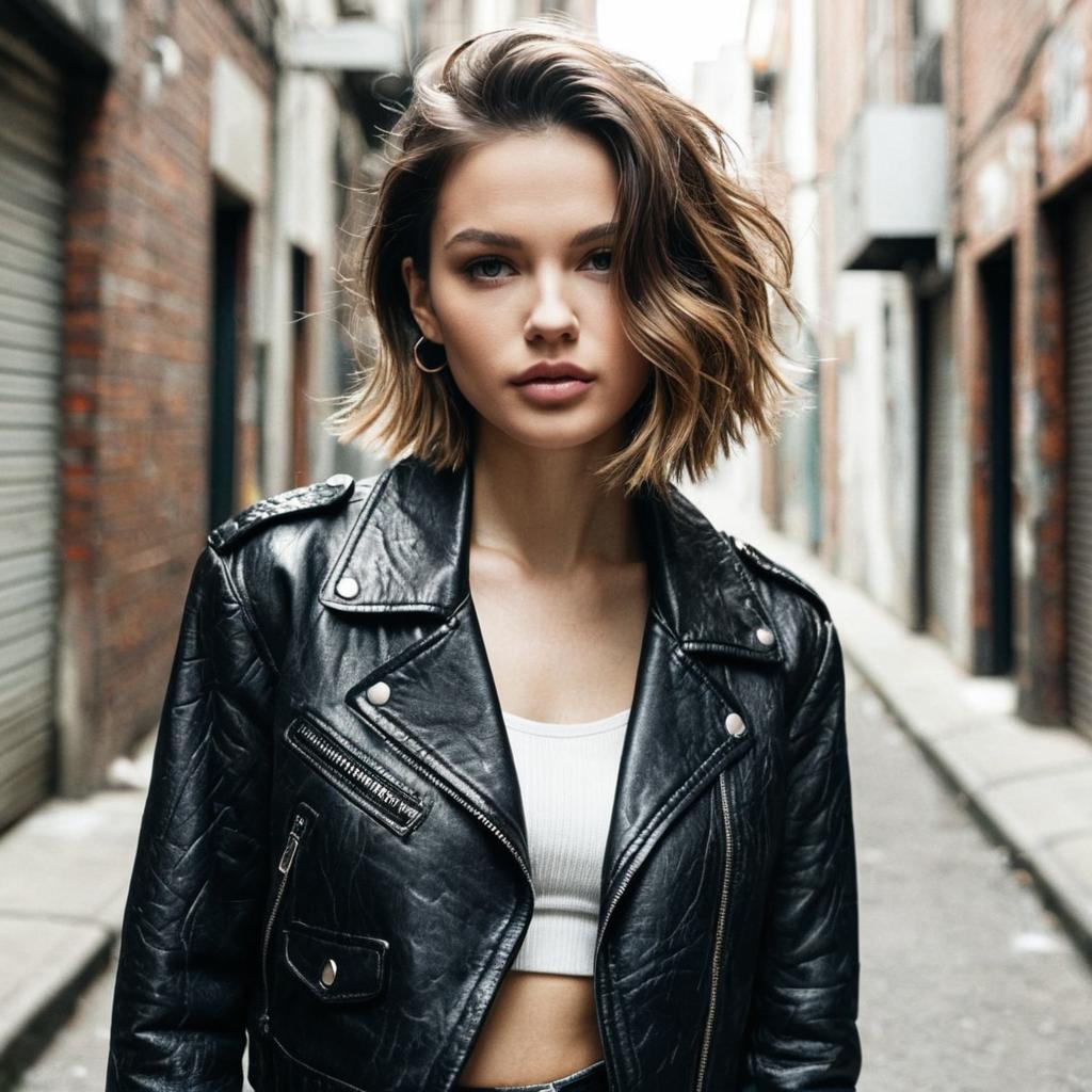 Stylish Young Woman in Black Leather Jacket Urban Street Style