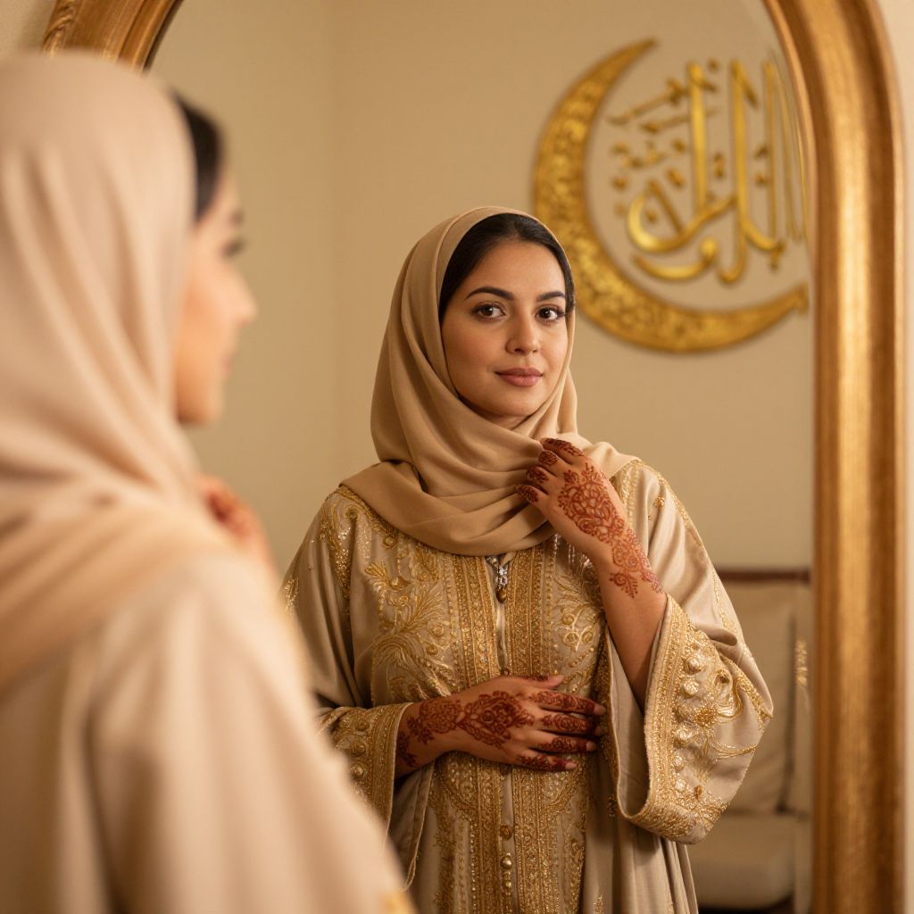 Elegant Woman in Traditional Embroidered Dress and Henna Looking in Mirror