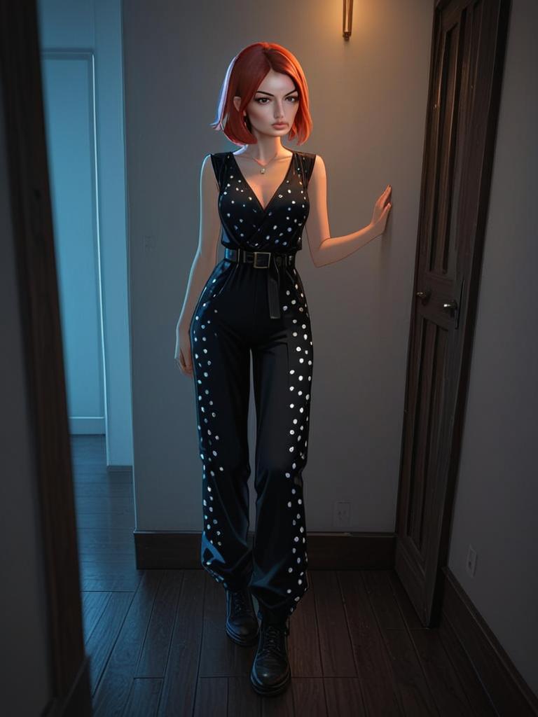 Stylish Woman in Black Polka Dot Jumpsuit Digital Illustration