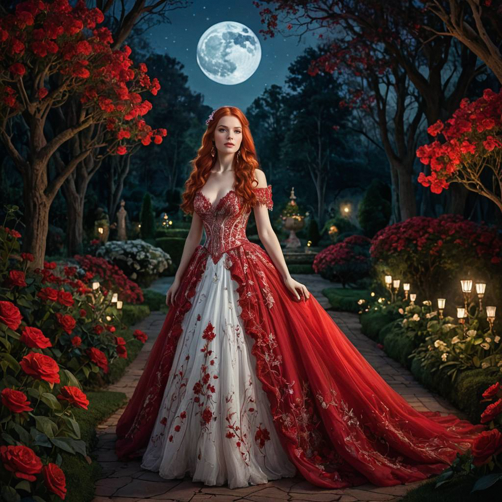 Woman with Red Hair in Garden Under Full Moon Woman with Red Hair in Garden Under Full Moon