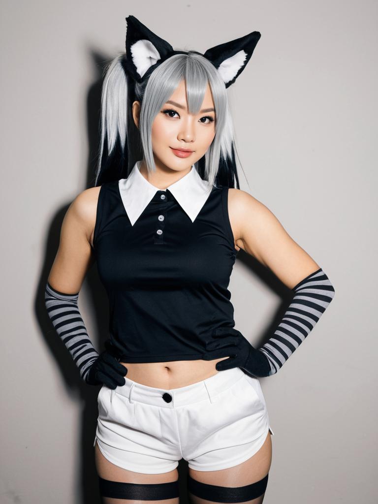 Aardwolf Kemono Friends Cosplay Woman in Black and White Costume with Animal Ears
