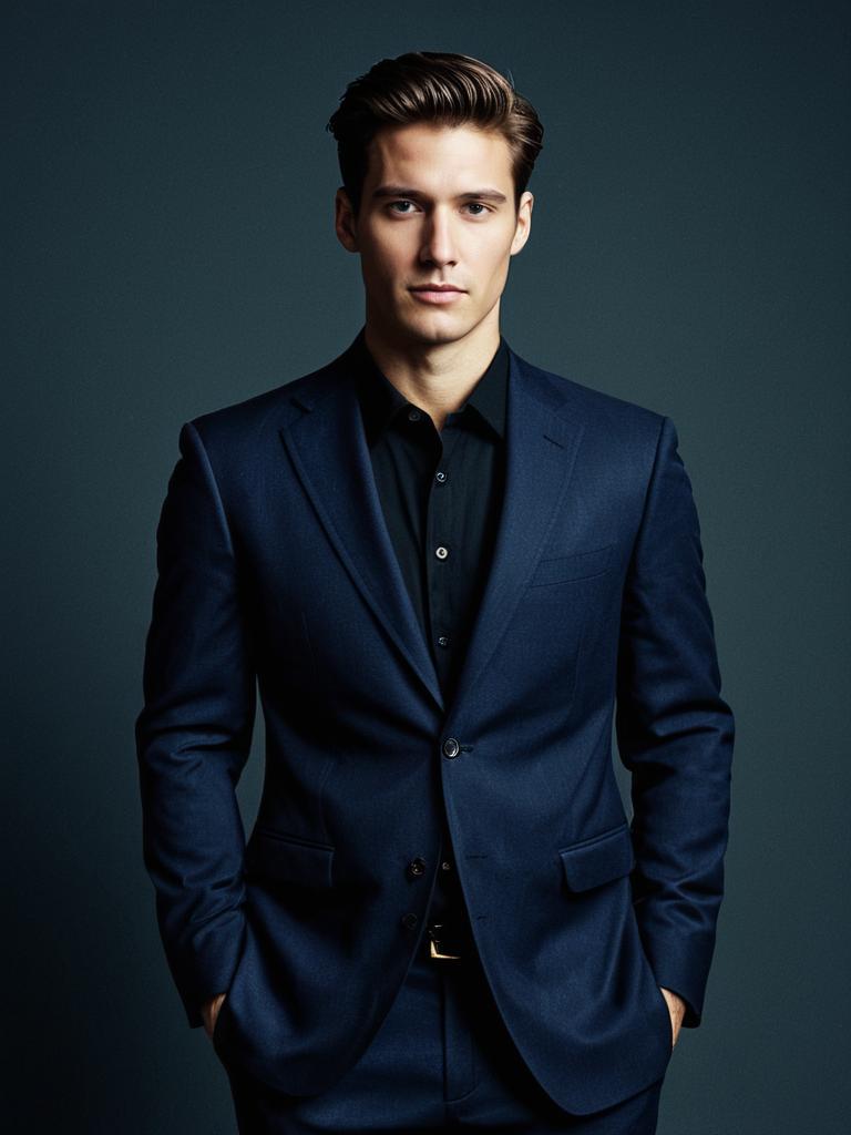 Young Man in Navy Blue Suit with Black Shirt Fashion Portrait