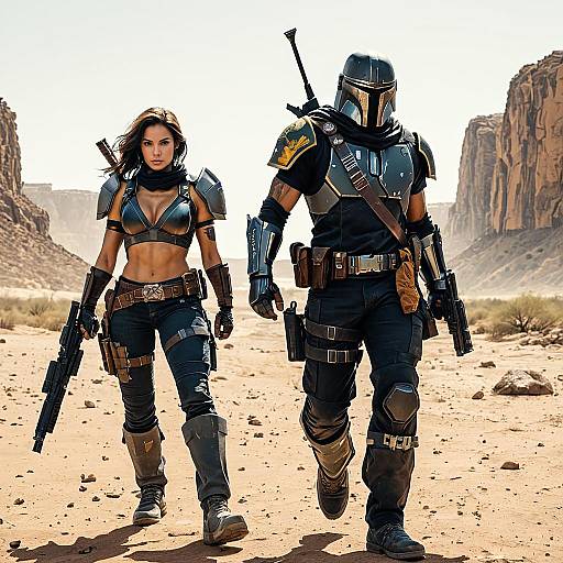 Futuristic Mandalorian Style Armor Man and Woman Walking in Desert Canyon
