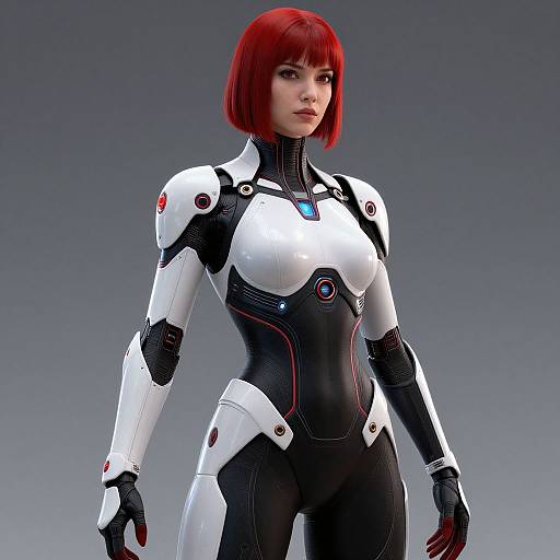 Futuristic Woman in High-Tech Robotic Armor Suit with Red Hair
