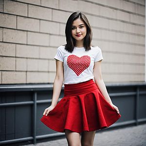 Young Woman in Red Skirt and Heart T-Shirt Street Fashion Portrait