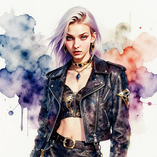 Cyberpunk Style Portrait of Woman in Leather Jacket with Watercolor Background