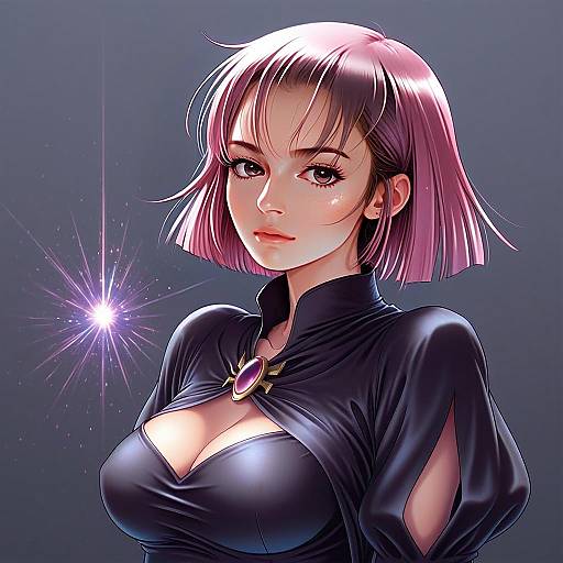 Anime Style Woman with Pink Hair and Black Outfit Digital Illustration