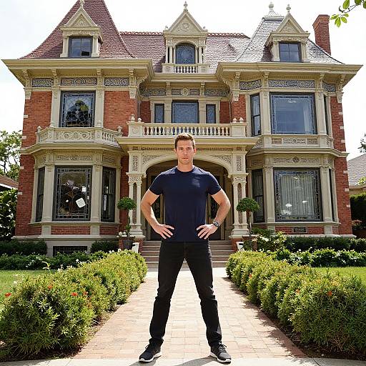 Man Standing in Front of Victorian Style Mansion with Ornate Architecture