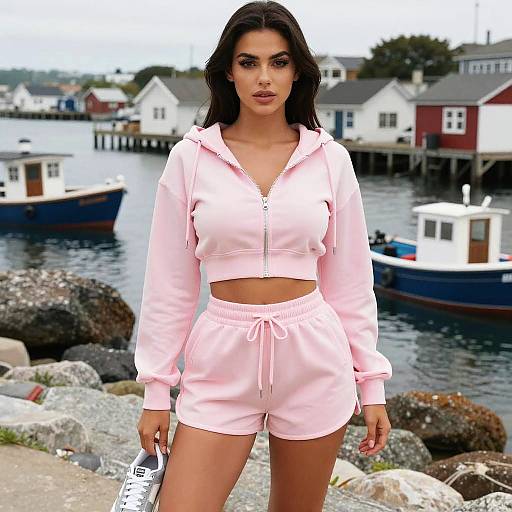 Busty Woman in Casual Sporty Pastel Pink Cropped Hoodie and Shorts Outfit by Waterfront