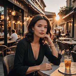 Confident Woman at Outdoor Café during Golden Hour