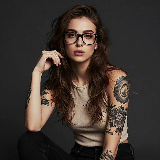 Young Woman with Glasses and Floral Arm Tattoos in Casual Wear