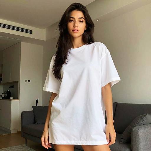 Young Woman Wearing Oversized White T-Shirt in Modern Living Room