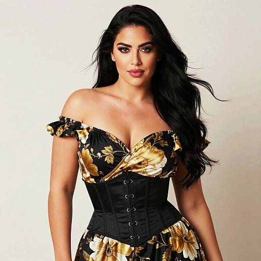 Confident Woman in Black and Gold Floral Dress with Corset Belt